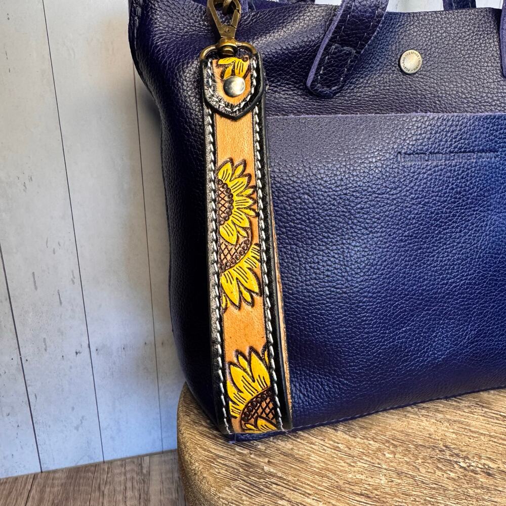 Genuine Leather Strap Tooled Leather Western 8 inch Sunflower Wristlet Strap